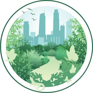 Set within a circle, a meandering pathway with various types of shubbery and trees on either side. With images of butterflies, a lizard and a bird in the foreground. A hazy silhouette of iconic Los Angeles skyscrapers in the back. Four distant birds in flight on the left. A bird alighting on a bush. Logo reads LA Micro Forests.